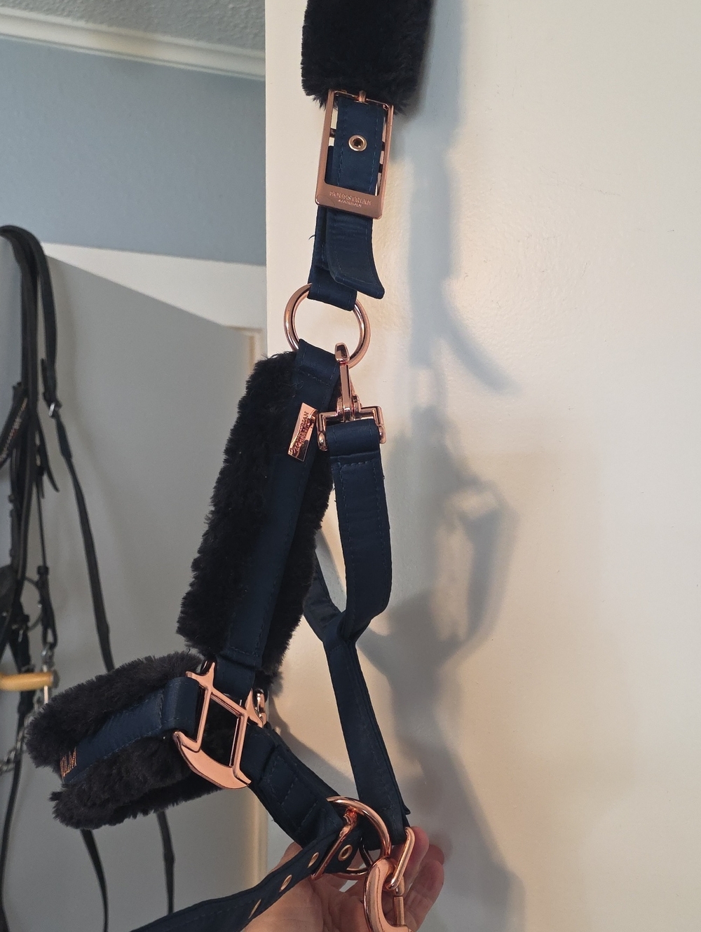 Equestrian Stockholm Monaco Blue /Rose Gold Padded Halter W/ Lead - Picture 4 of 4